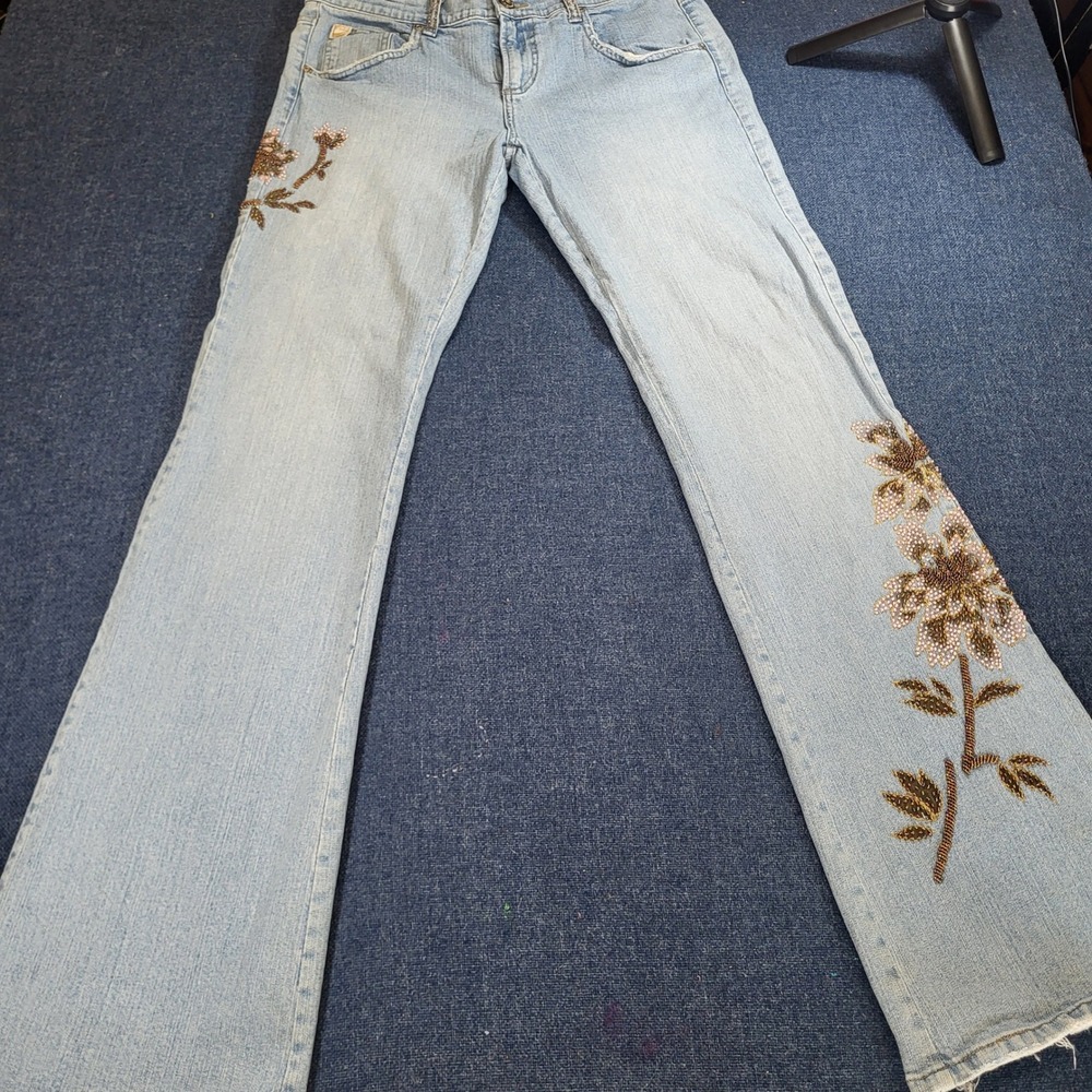 Z Cavaricci Womens Beaded Floral Bootcut Jeans Light Wash Low Rise Size 11